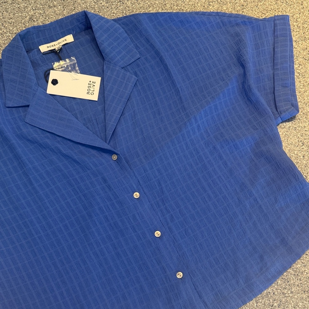 Rose & Olive Short-Sleeve Textured Button-Down Shirt - Blue